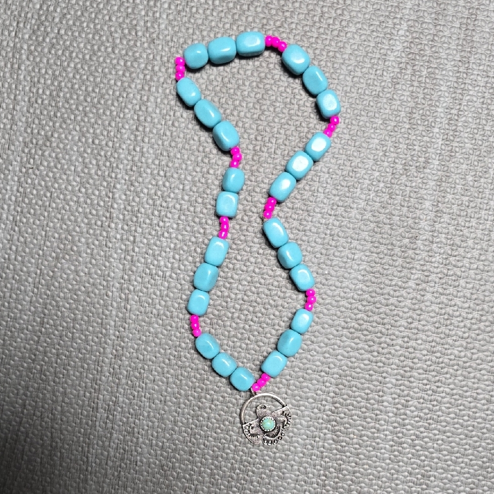 Kids Beaded Necklace with Pendant - Blue and Pink
